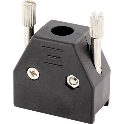 Black plastic adapter with two silver plugs on the top and two screws on the front, for cable connection.