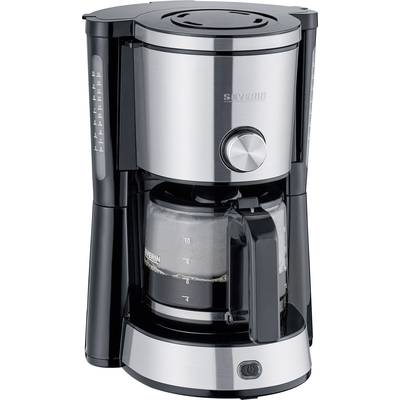 Coffee machine with silver and black design. Glass carafe full of coffee, capacity indicator on the side.