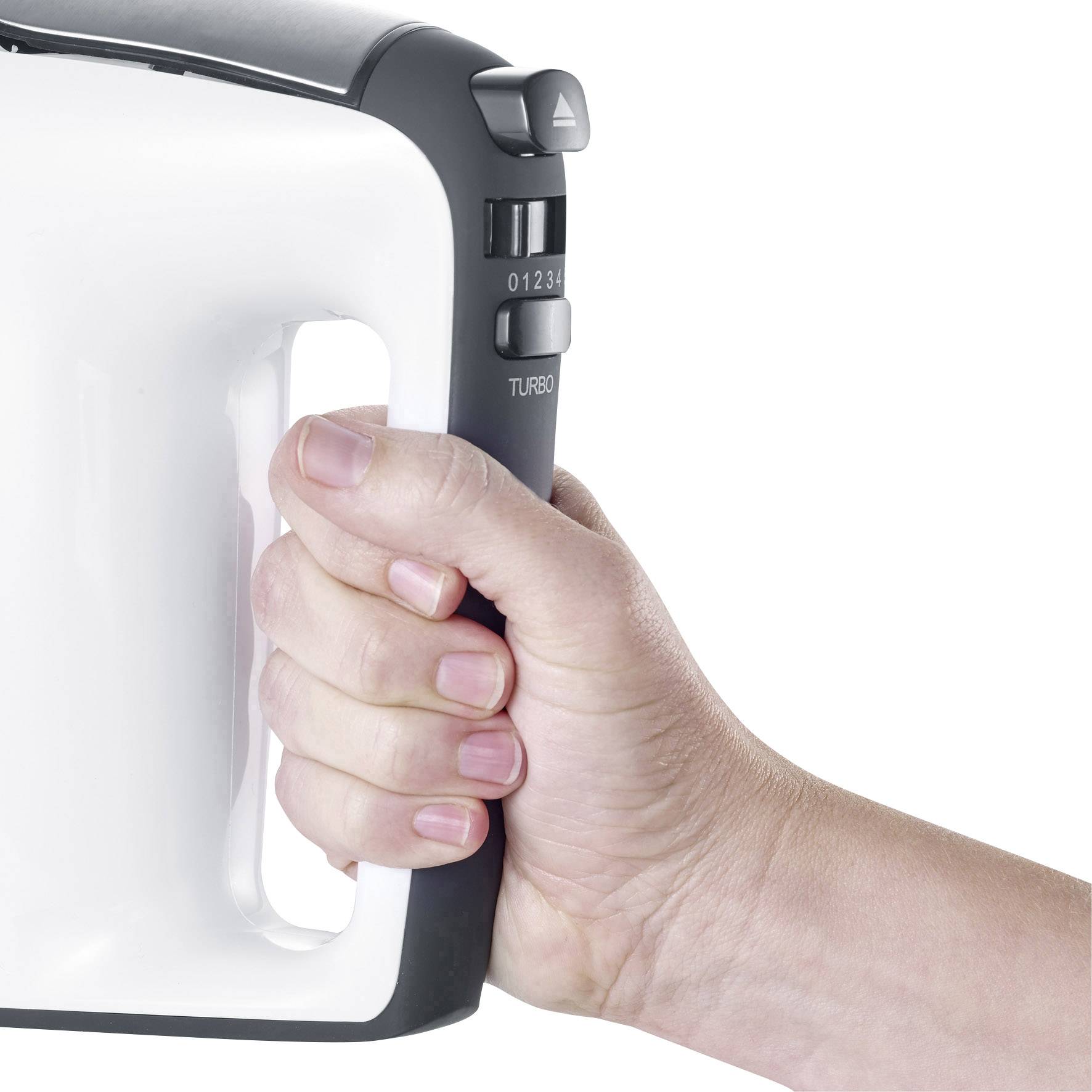 A hand is holding a white electric mixer with speed settings on the side.