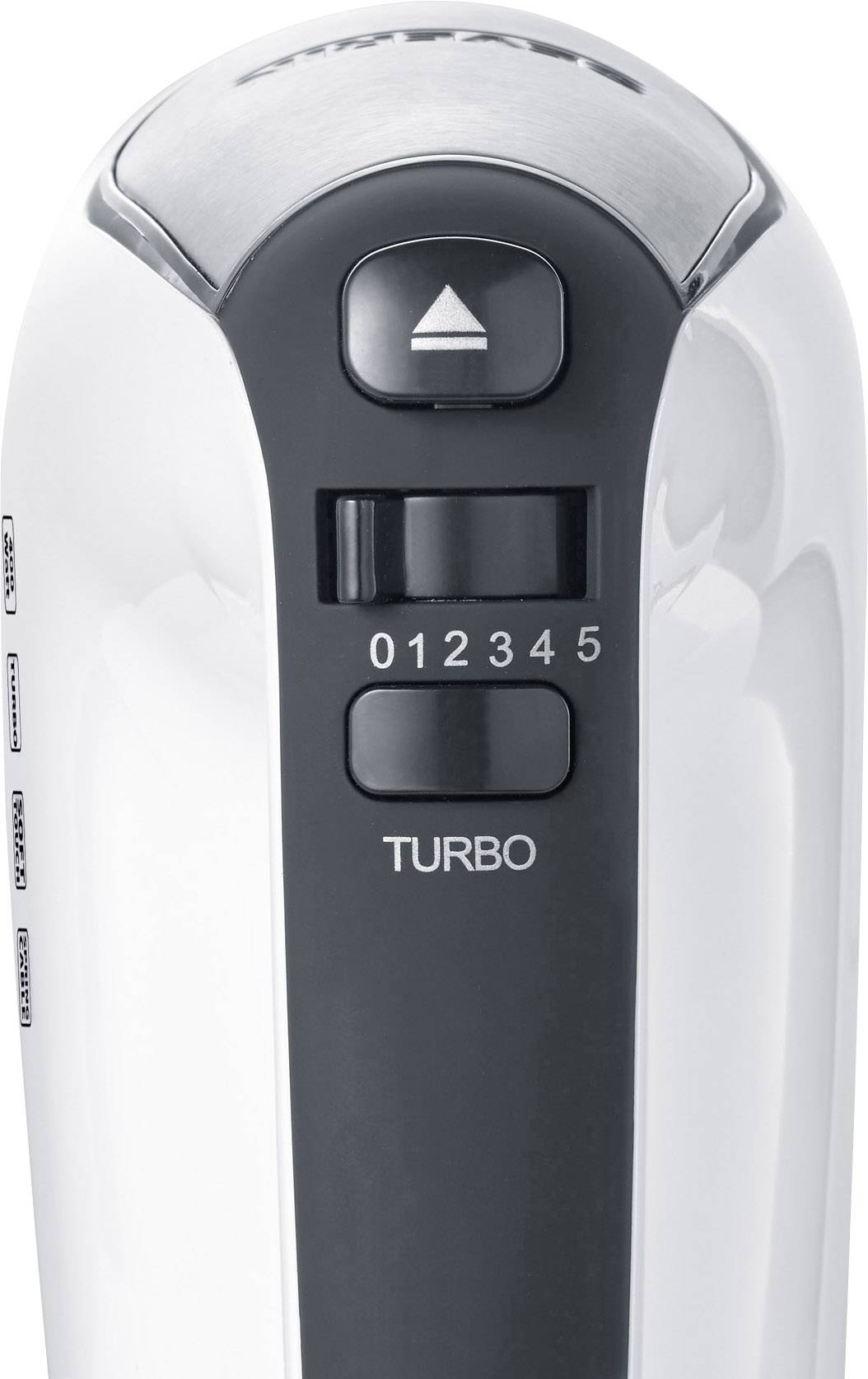 A white hand mixer with a black control panel, five speed settings and a 'turbo' button, suitable for mixing ingredients.
