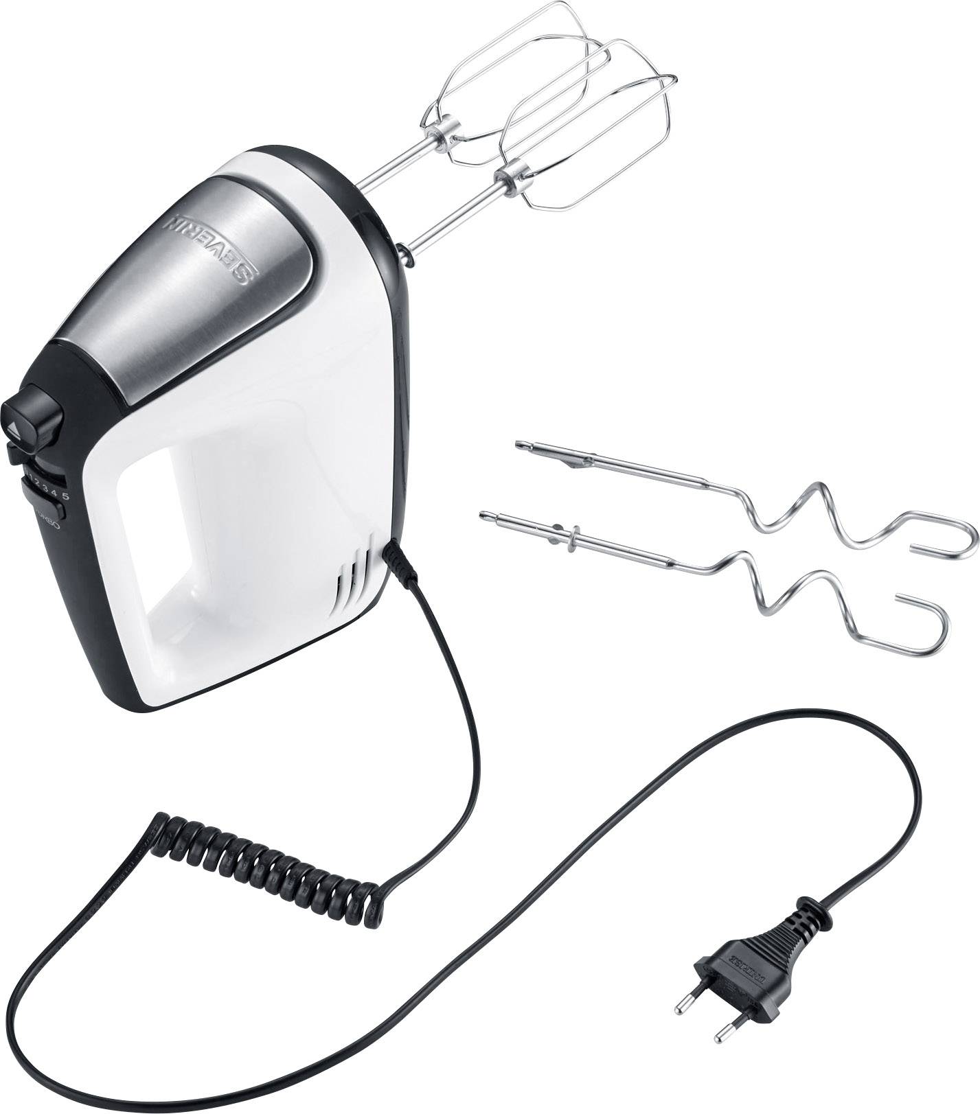 A hand-held electric mixer with two attached beaters, alongside two dough hook attachments and a power cable with plug.