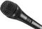 A black dynamic microphone by Sennheiser with an on/off switch. It has a robust grille and is suitable for vocal recordings.