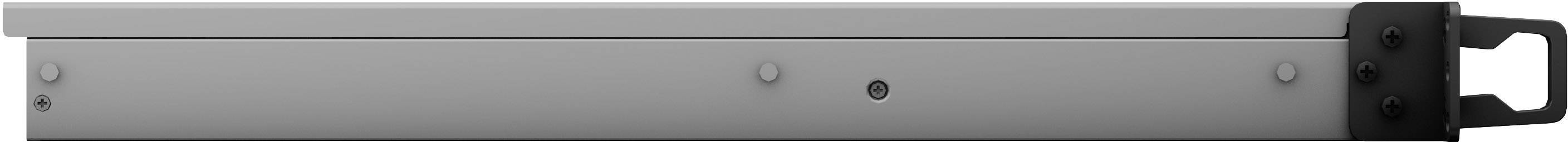 Metal ball bearing drawer runner in side view, silver-grey, with black bracket on the right. Suitable for furniture construction.