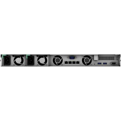 The image shows the rear of a server device with two power connections, multiple fans, Ethernet ports, USB ports, and a VGA connection.