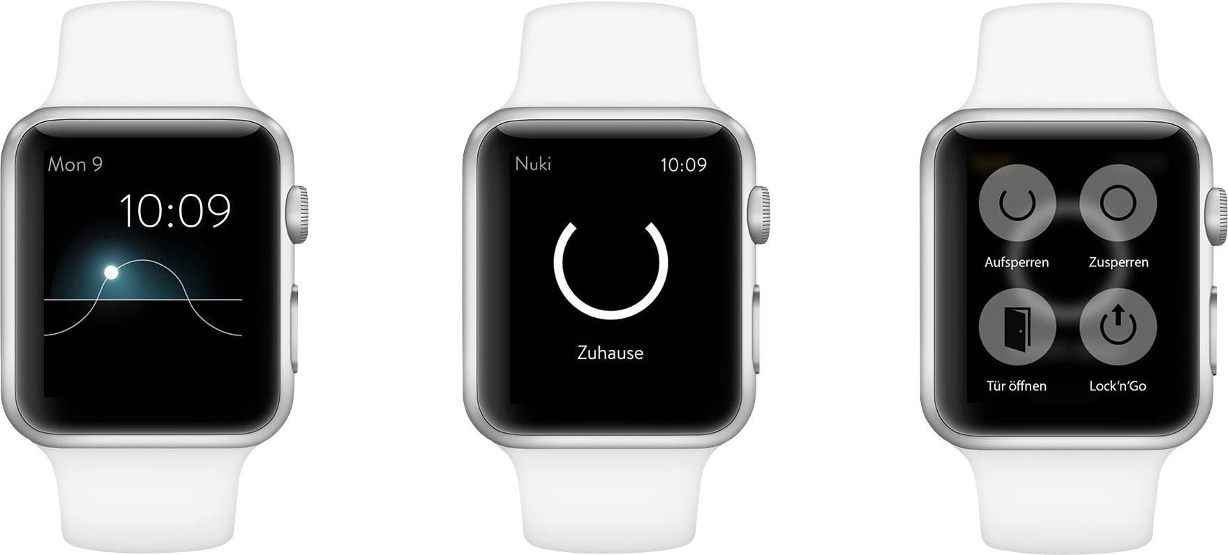 Three smartwatch screens: Time 10:09 with movement indicator, 'Home' with charging symbol, four app icons for door control.
