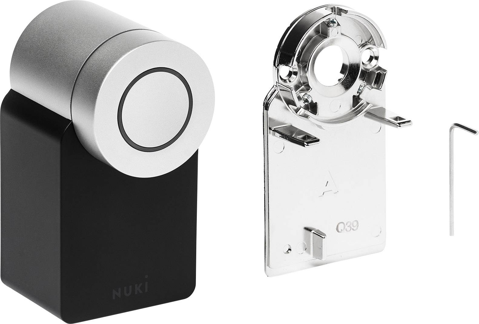 Door lock adapter set with cylindrical attachment, mounting plate, and screwing tool. Adapter for integration with smart lock systems.
