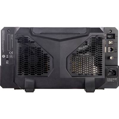 Back of an electronic device with ventilation grilles, power connection, and various input and output ports.