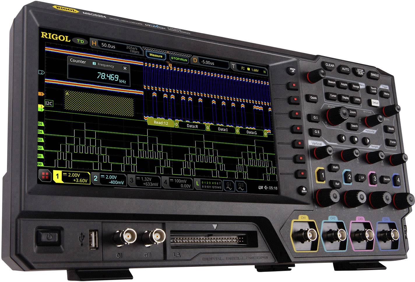 An oscilloscope displays multiple digital and analogue signals on a colour screen to analyse electronic signals.