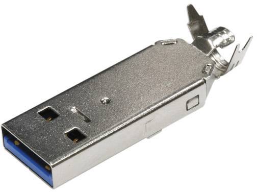 USB 3.0 plug with metal casing and folding mechanism, used for connecting devices to computers for rapid data transfer.