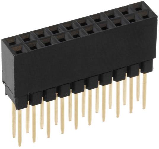 A black pin header with two rows of eight golden connection pins. Used in electronic circuits for connecting components.