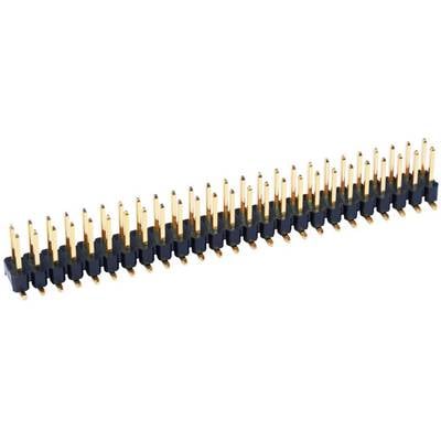 A row of gold-plated pin headers for electronic connections, on a white background.