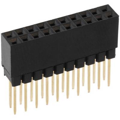 Black two-row pin header socket, vertically arranged with 2x10 pins, for connecting electronic components.