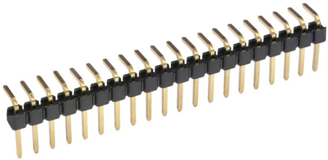 A two-row, straight pin header with gold-plated contacts and a black plastic housing, used for electrical connections.