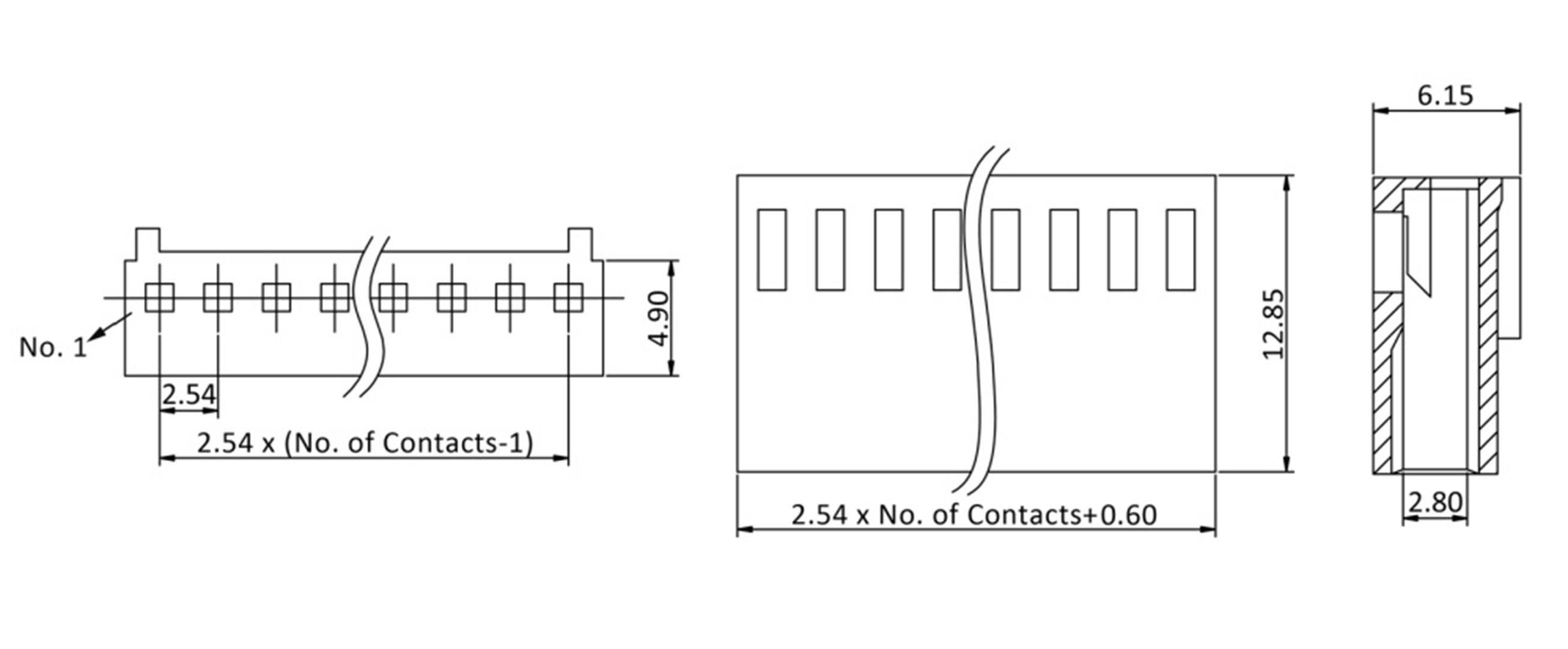 Technical drawing of a connector with dimensions: Length 2.54 x (number of contacts-1) mm, Width 2.80 mm, Height 12.85 mm.