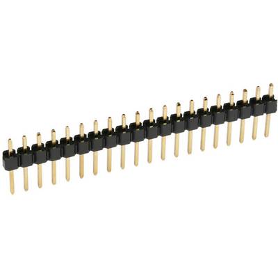 Row of single-row pin headers with gold-plated pins, used for electrical connection in electronic circuits.