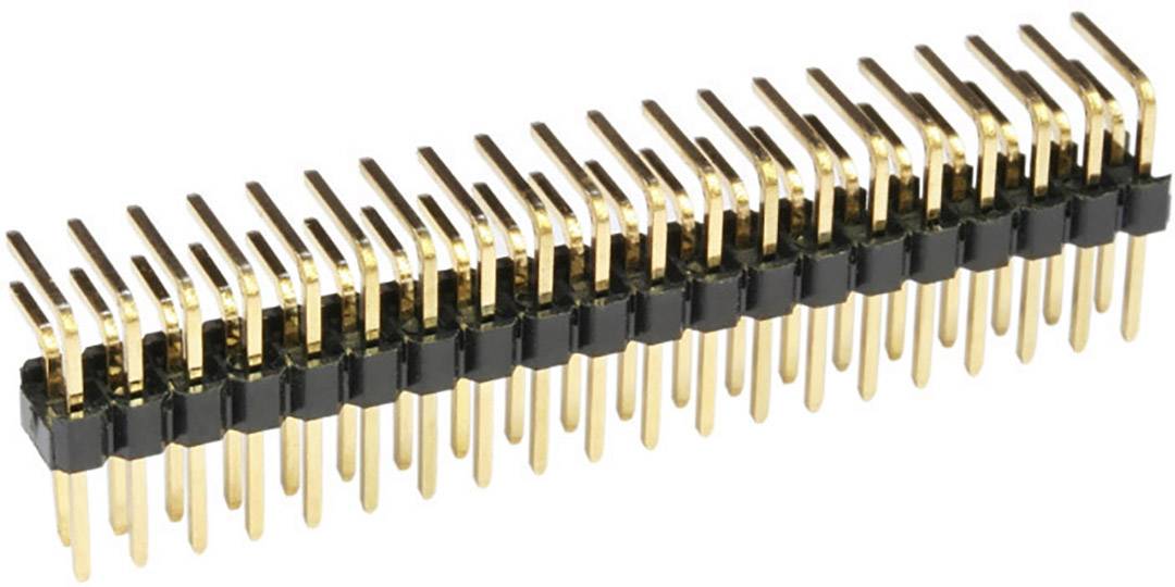 'Gold-plated pin header, double-row with 20 pins each, for electronic connections.'