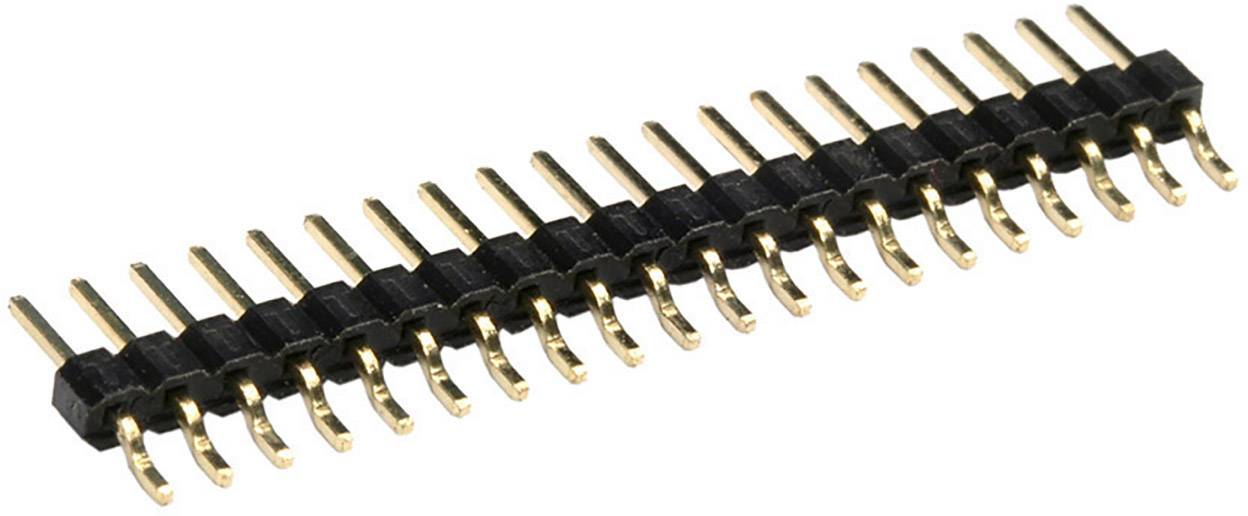 A straight pin header with multiple golden pins in two rows, used for electrical connection on printed circuit boards.
