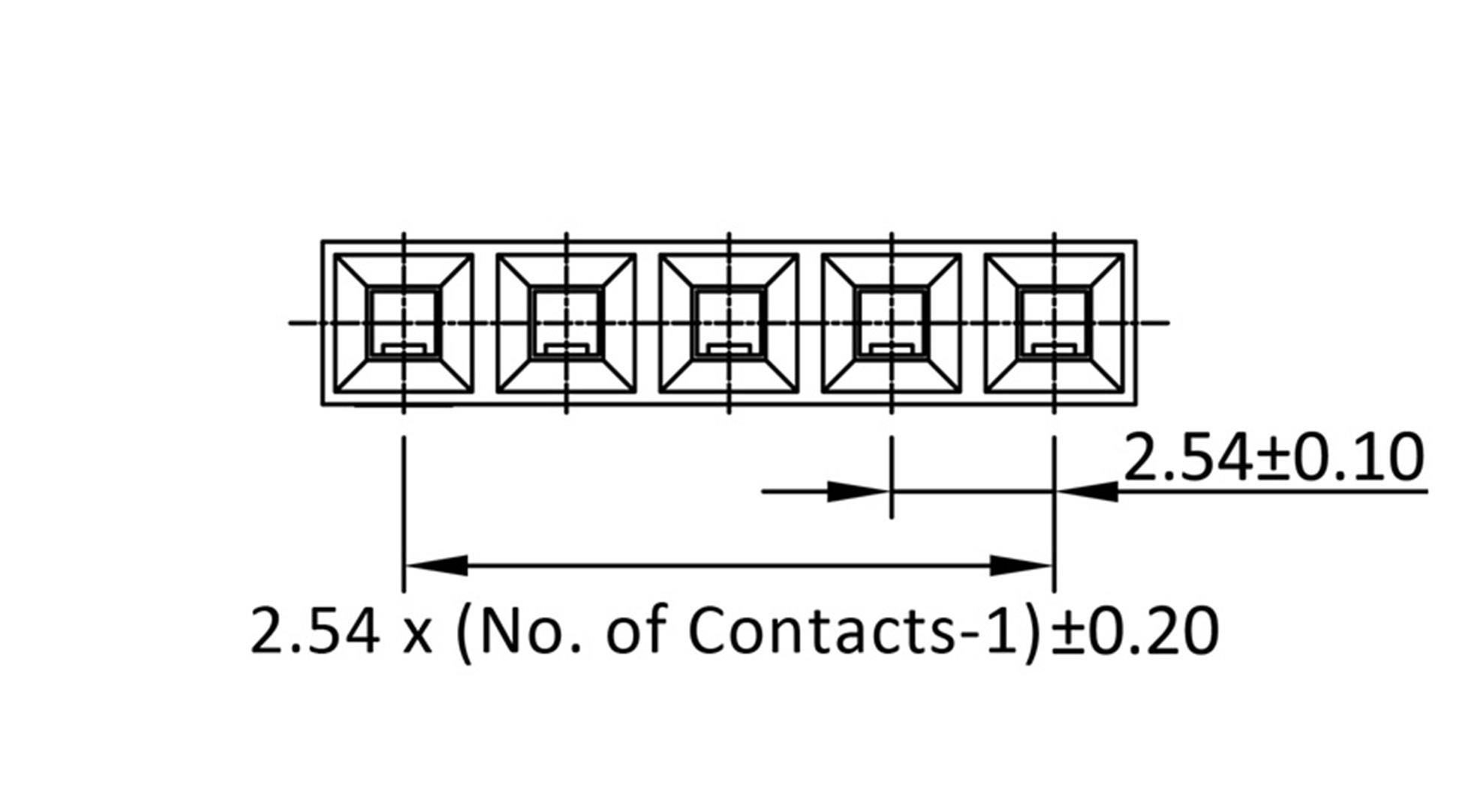 'Contact spacing 2.54 mm ±0.10; total length 2.54 x (number of contacts-1) ±0.20.' Diagram of an electrical connector.