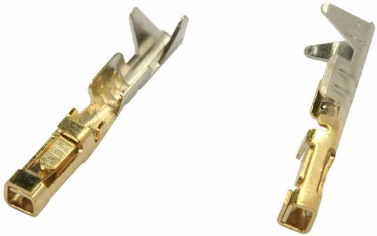 Two gold-coloured metal contacts used for electrical connections, on a white background.