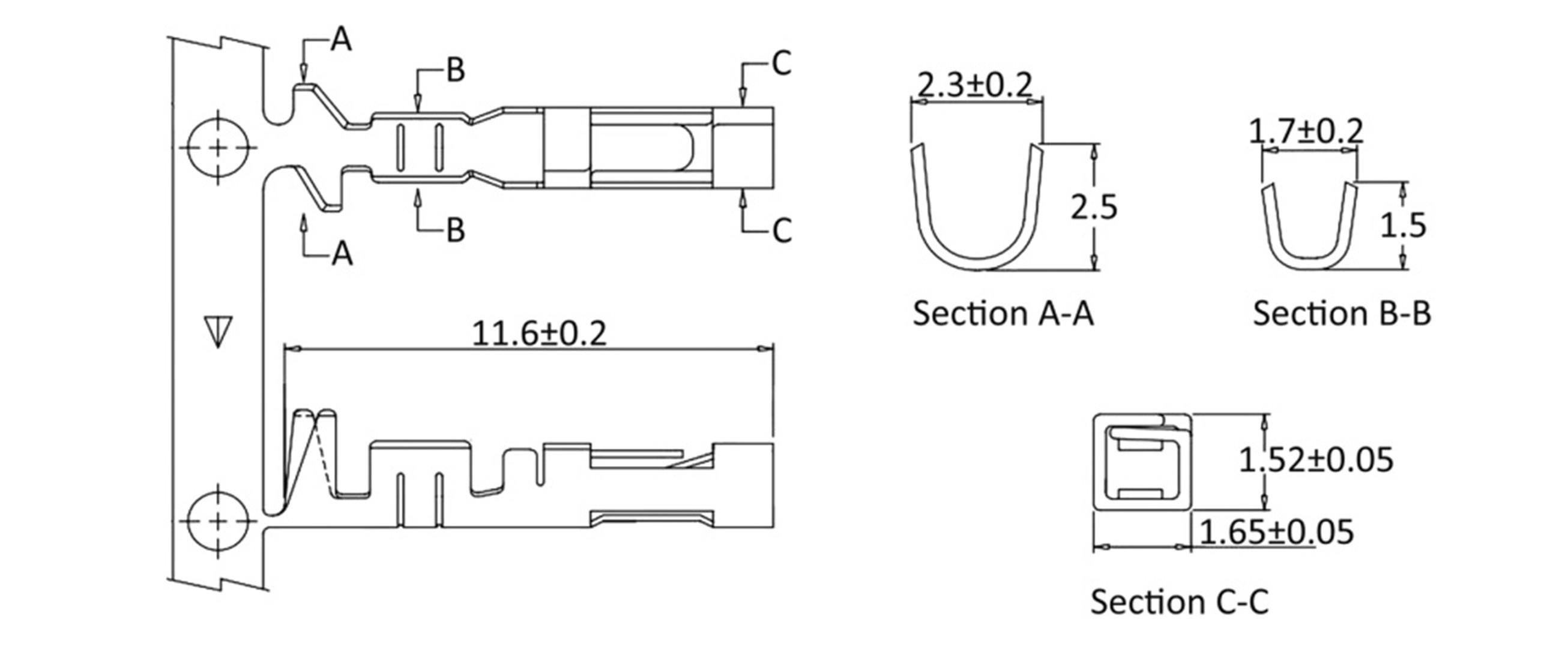 Technical drawing of a connector with various cross-sectional views and dimensional annotations in millimetres.
