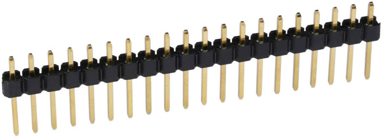 Single-row pin header connector with gold-plated metal pins and black plastic base, suitable for electrical connections.