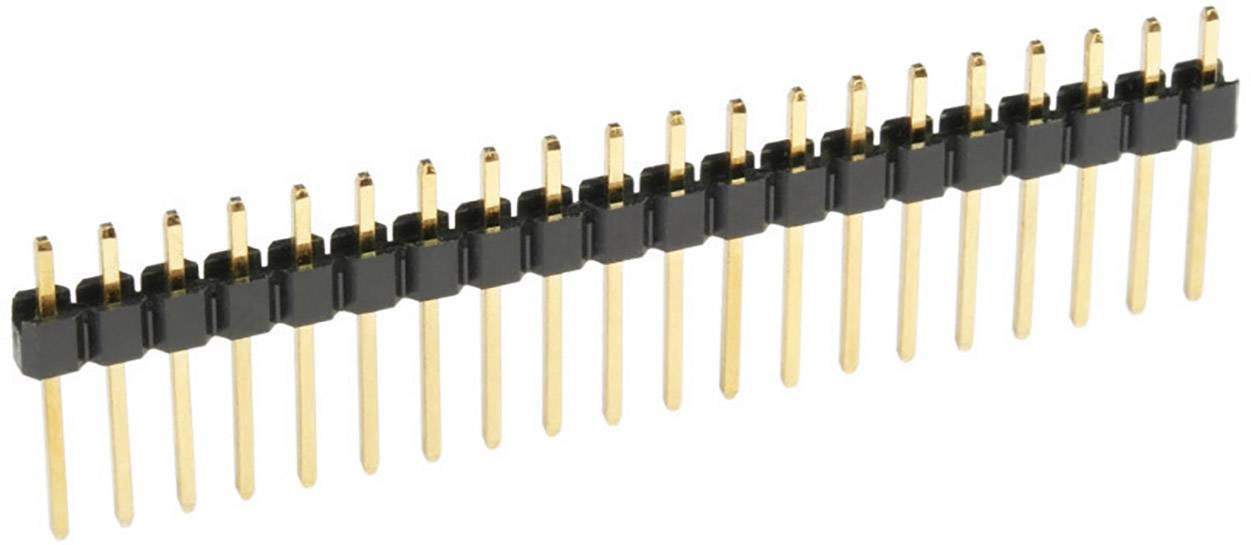 A single-row pin header with gold-plated pins and a black housing, used for electrical connections on printed circuit boards.