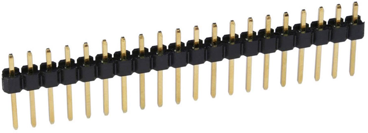 A two-row pin header with gold-plated contacts, used in electronic applications.