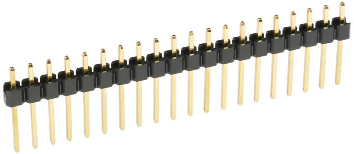 A single-row, gold-coloured pin header with black plastic spacers for electrical connections.