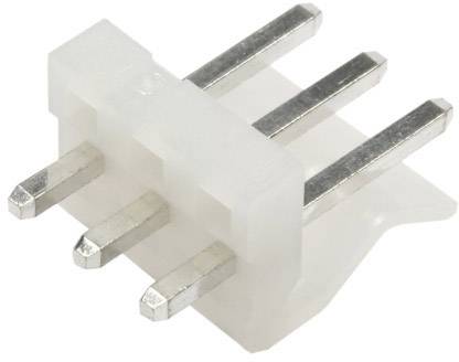 A white plastic connector with four metallic pins used for electronic connections.