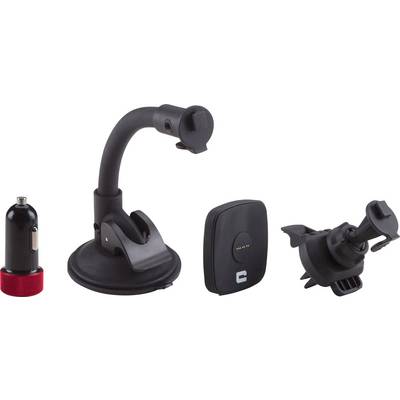 A car phone holder set with suction mount, air vent mount, magnetic phone holder, and 12V adapter.