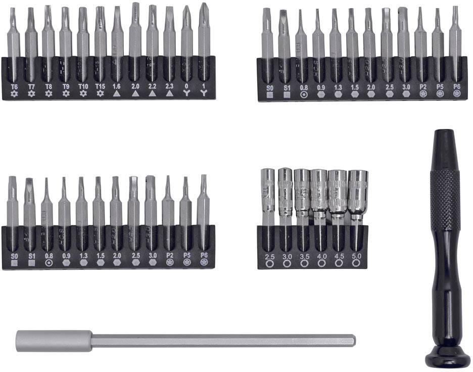 A set of screwdriver bits with holder and handle. Various sizes and shapes for versatile use.