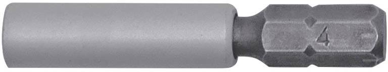 A silver magnetic bit holder, cylindrical with a hexagonal shaft, suitable for holding bits in a screwdriver.