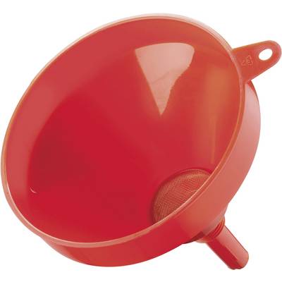 A red plastic funnel with a fine-meshed sieve inside, suitable for filtering liquids into containers.