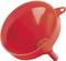 A red plastic funnel with a fine-meshed sieve inside, suitable for filtering liquids into containers.