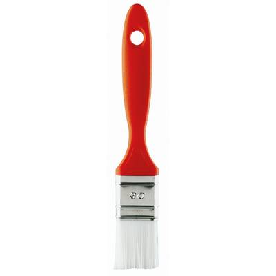 A single, orange paintbrush with white bristles and a hole in the handle for hanging.