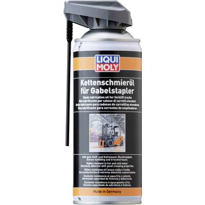 'Tin of chain lubricant oil for forklift trucks, Liqui Moly brand. Contains description and usage instructions on the label.'
