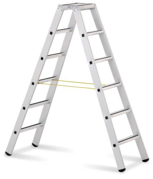 A opened, freestanding silver stepladder with eight rungs, suitable for indoor and outdoor use.