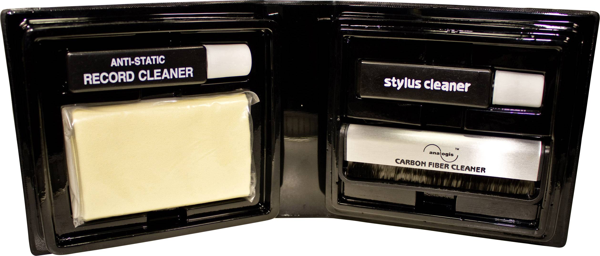 Anti-static record cleaning set with stylus cleaner and carbon fibre brush for vinyl record and cartridge maintenance.