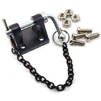 Door lock with chain, bolt, screws and nuts in silver colour, against a white background.