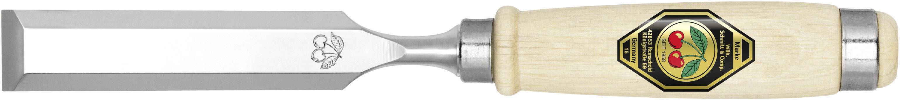 Wood chisel with a sharp, silver metal blade and light-coloured wooden handle. A colourful, decorative emblem is situated on the handle.