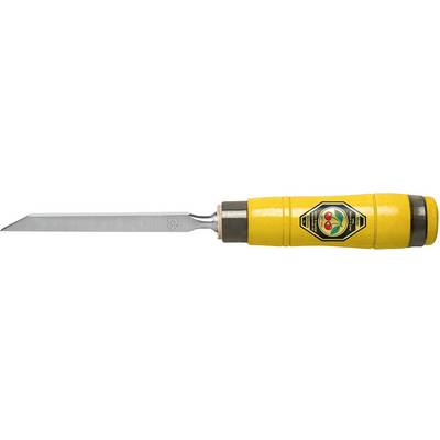 A yellow utility knife with a long, sharp metal blade. Handle featuring a decorative logo. Primarily suitable for craft work.