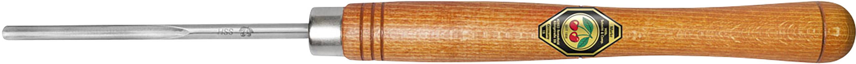 Wooden-handled tool with a steel blade, likely a sculptor's chisel, lying horizontally. Wood engraving in the centre.