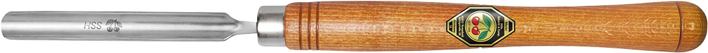 Wooden handle of a tool, most likely a chisel, with a metal blade and logo in the centre of the handle.
