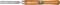 Wooden handle of a tool, most likely a chisel, with a metal blade and logo in the centre of the handle.