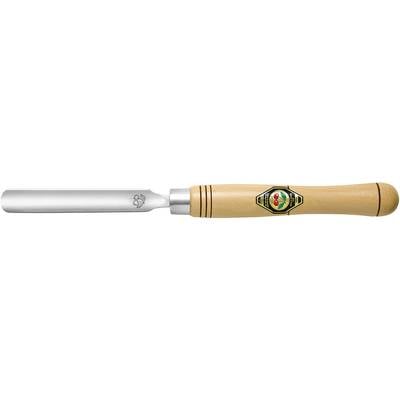 Wooden chisel with a round wooden handle and a flat metal blade. Brand logo centrally positioned on the handle. Tool for woodworking.