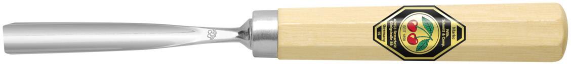 Wooden handle with a metal blade, similar to a carving tool, featuring a colourful logo on the handle.