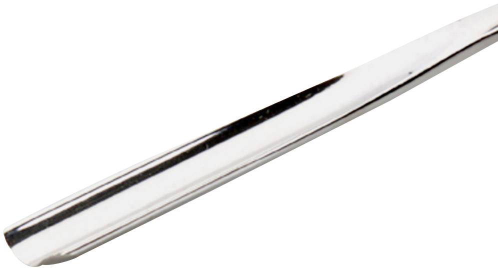 A metallic spoon handle, gleaming and clean, on a white background.
