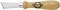 Woodcarving knife with a short, straight steel blade and a round wooden handle, decorated with a logo depicting cherries.
