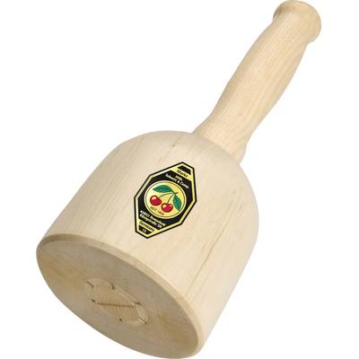 A large wooden mallet with a label depicting two cherries is used for woodworking tasks.