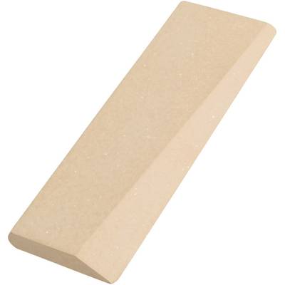 A diagonally cut rectangular pink-yellow whetstone lying on a white background.